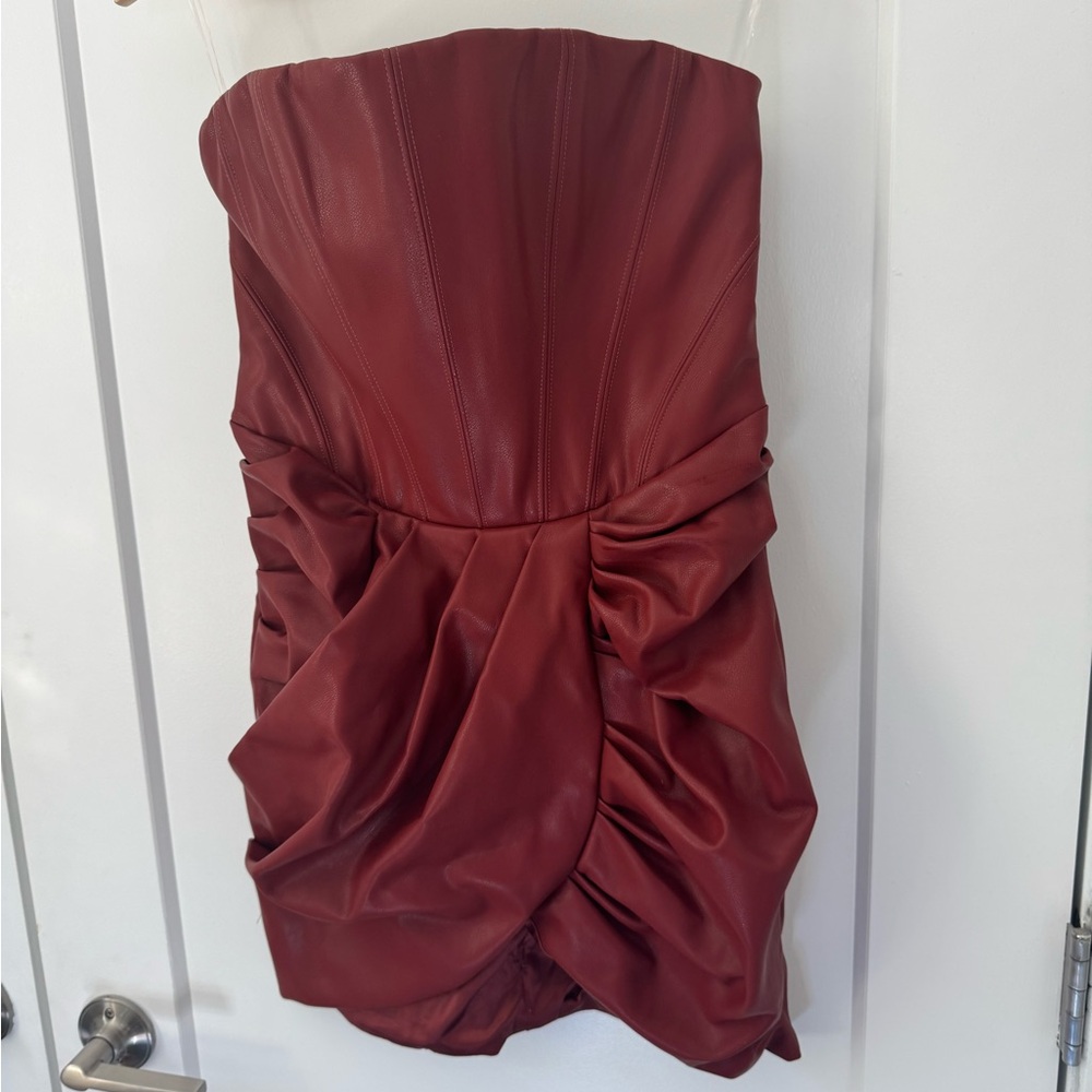 Oh Polly Vegan Leather Strapless Dress Red Brick Size 6 Small NWT